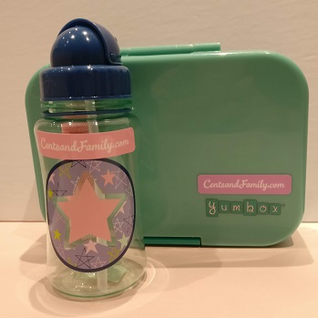 Cents and Family Mabel's labels on water bottle and yumbox - #mabelslabels #namelabels